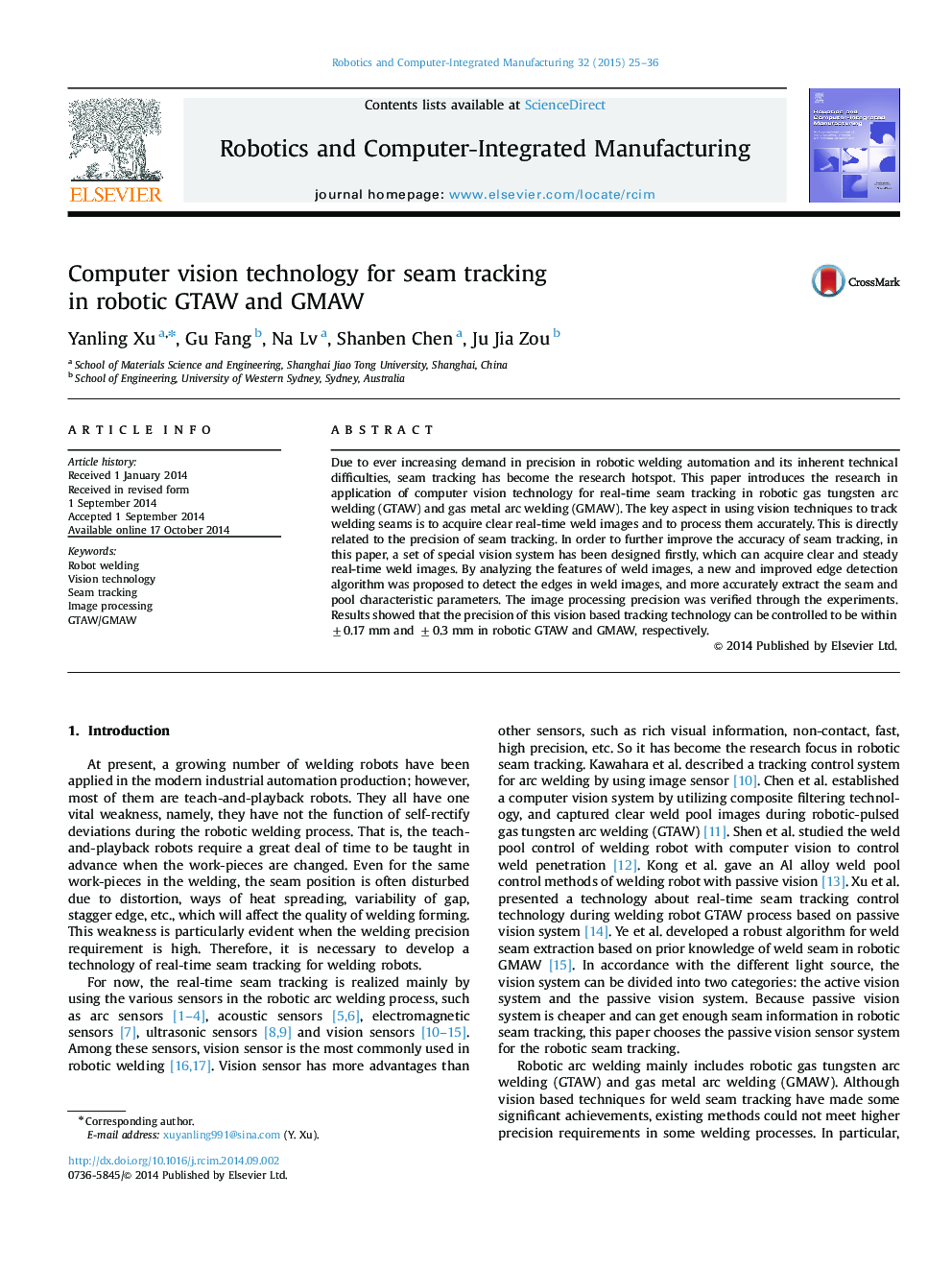 Computer vision technology for seam tracking in robotic GTAW and GMAW