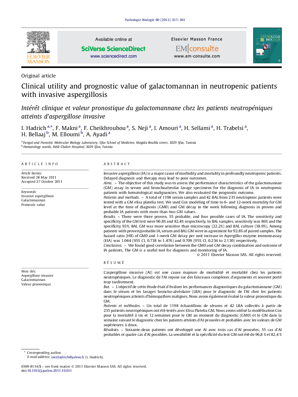 Clinical utility and prognostic value of galactomannan in neutropenic patients with invasive aspergillosis