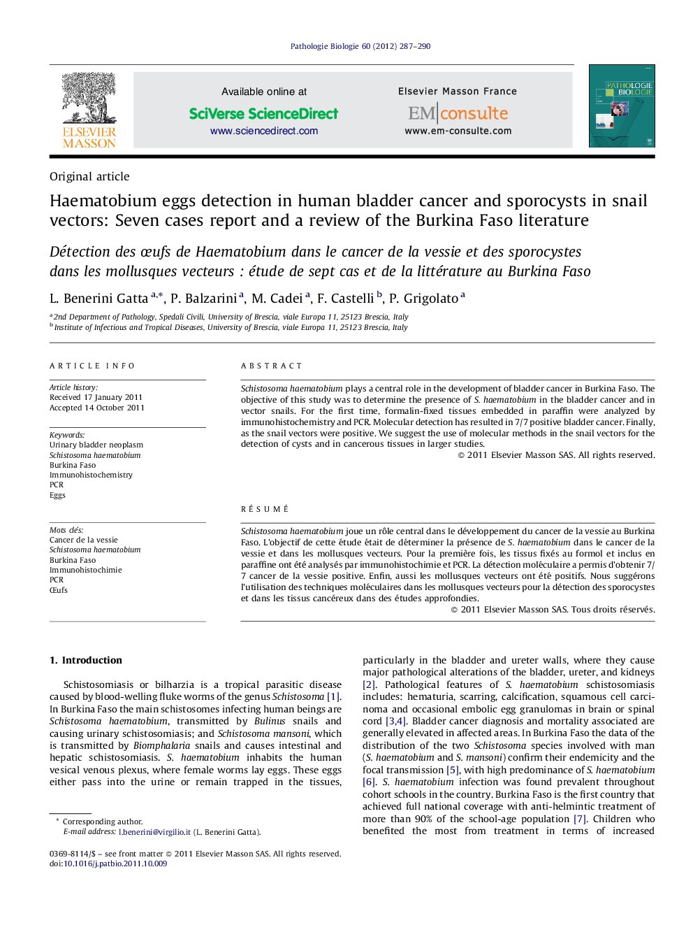 Haematobium eggs detection in human bladder cancer and sporocysts in snail vectors: Seven cases report and a review of the Burkina Faso literature