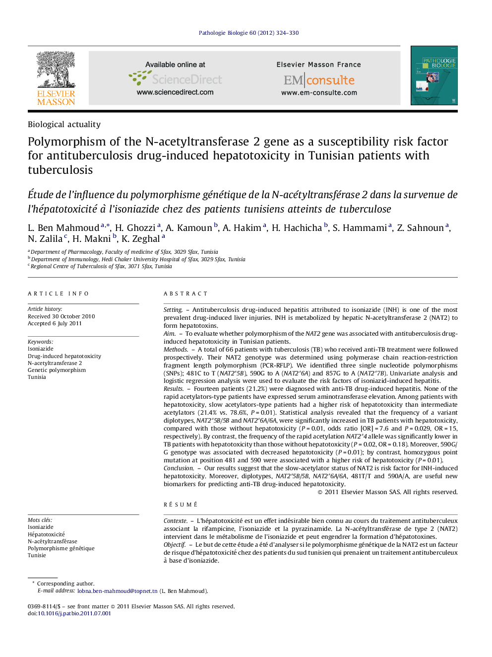 Polymorphism of the N-acetyltransferase 2 gene as a susceptibility risk factor for antituberculosis drug-induced hepatotoxicity in Tunisian patients with tuberculosis