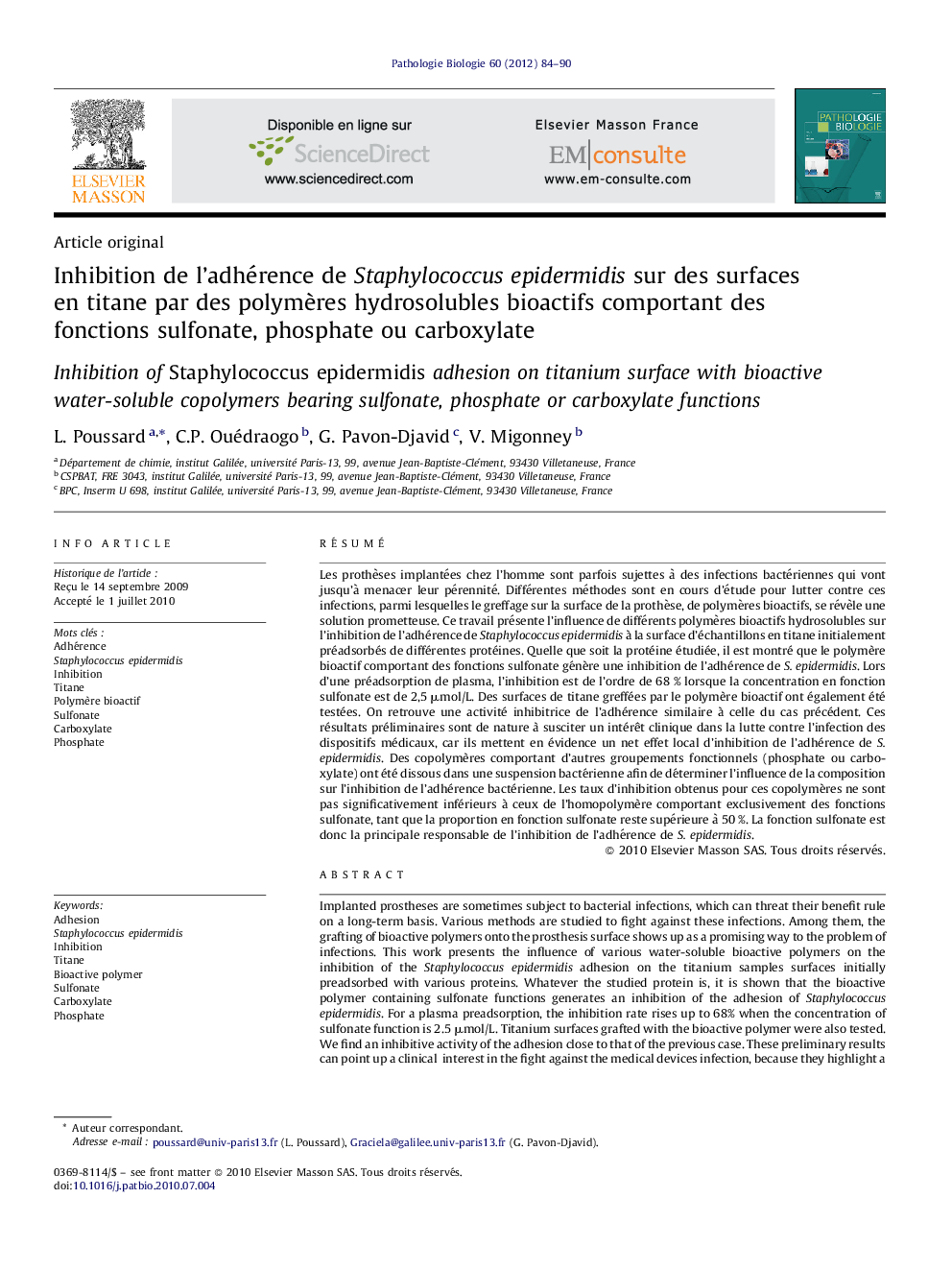 Inhibition de l’adhérence de Staphylococcus epidermidis sur des surfaces en titane par des polymères hydrosolubles bioactifs comportant des fonctions sulfonate, phosphate ou carboxylate