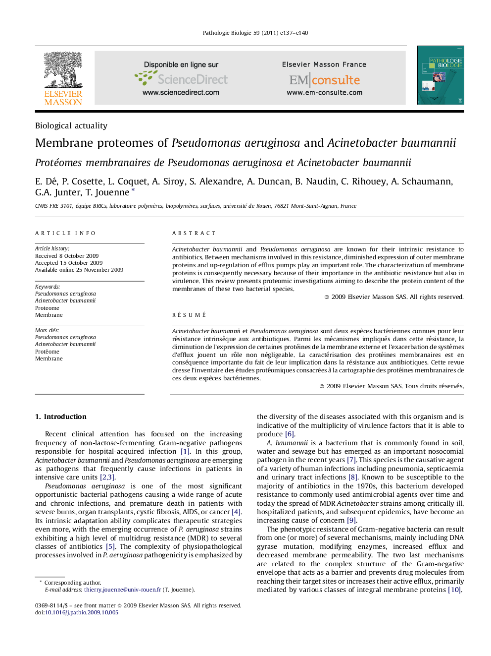 Membrane proteomes of Pseudomonas aeruginosa and Acinetobacter baumannii