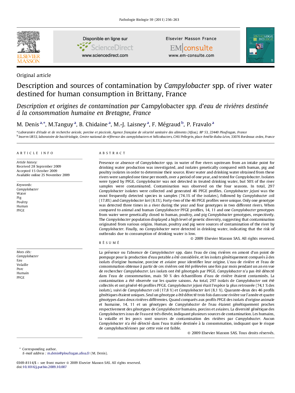 Description and sources of contamination by Campylobacter spp. of river water destined for human consumption in Brittany, France