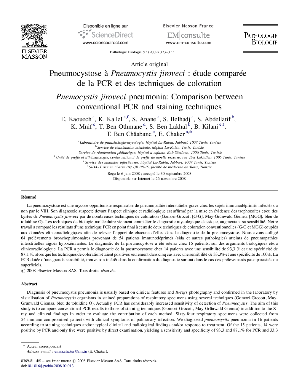 Pneumocystose à Pneumocystis jiroveci : étude comparée de la PCR et des techniques de coloration