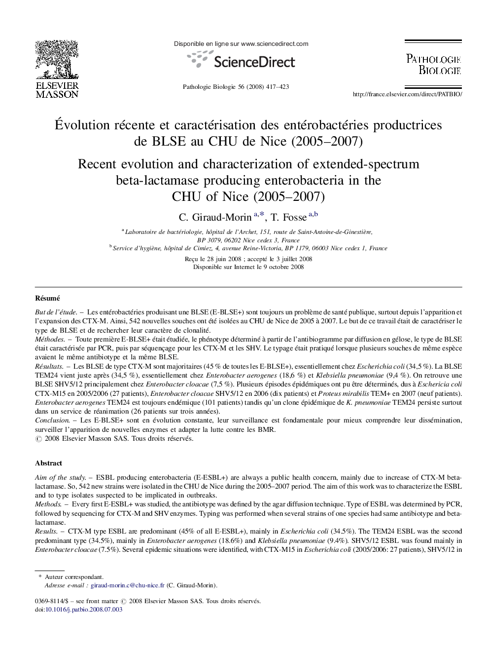 Évolution récente et caractérisation des entérobactéries productrices de BLSE au CHU de Nice (2005–2007)