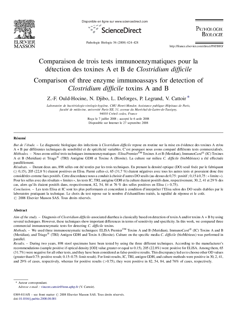 Comparaison de trois tests immunoenzymatiques pour la détection des toxines A et B de Clostridium difficile