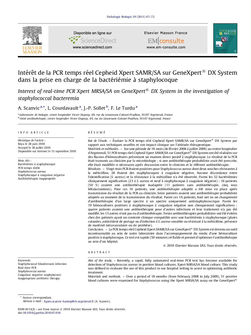 Intérêt de la PCR temps réel Cepheid Xpert SAMR/SA sur GeneXpert® DX System dans la prise en charge de la bactériémie à staphylocoque