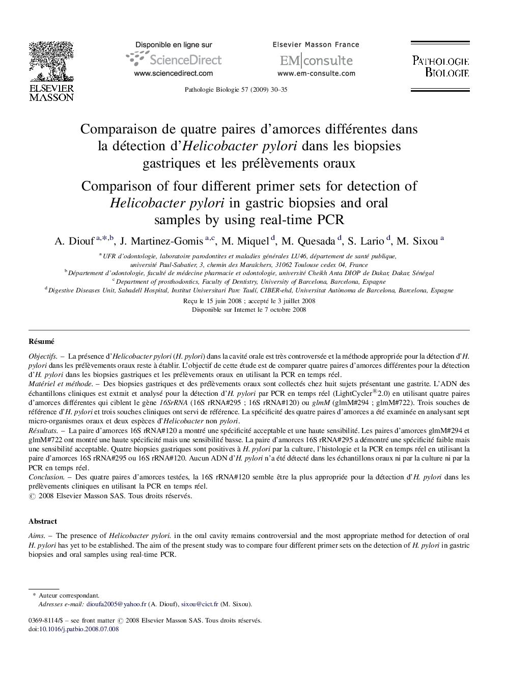 Comparaison de quatre paires d’amorces différentes dans la détection d’Helicobacter pylori dans les biopsies gastriques et les prélèvements oraux