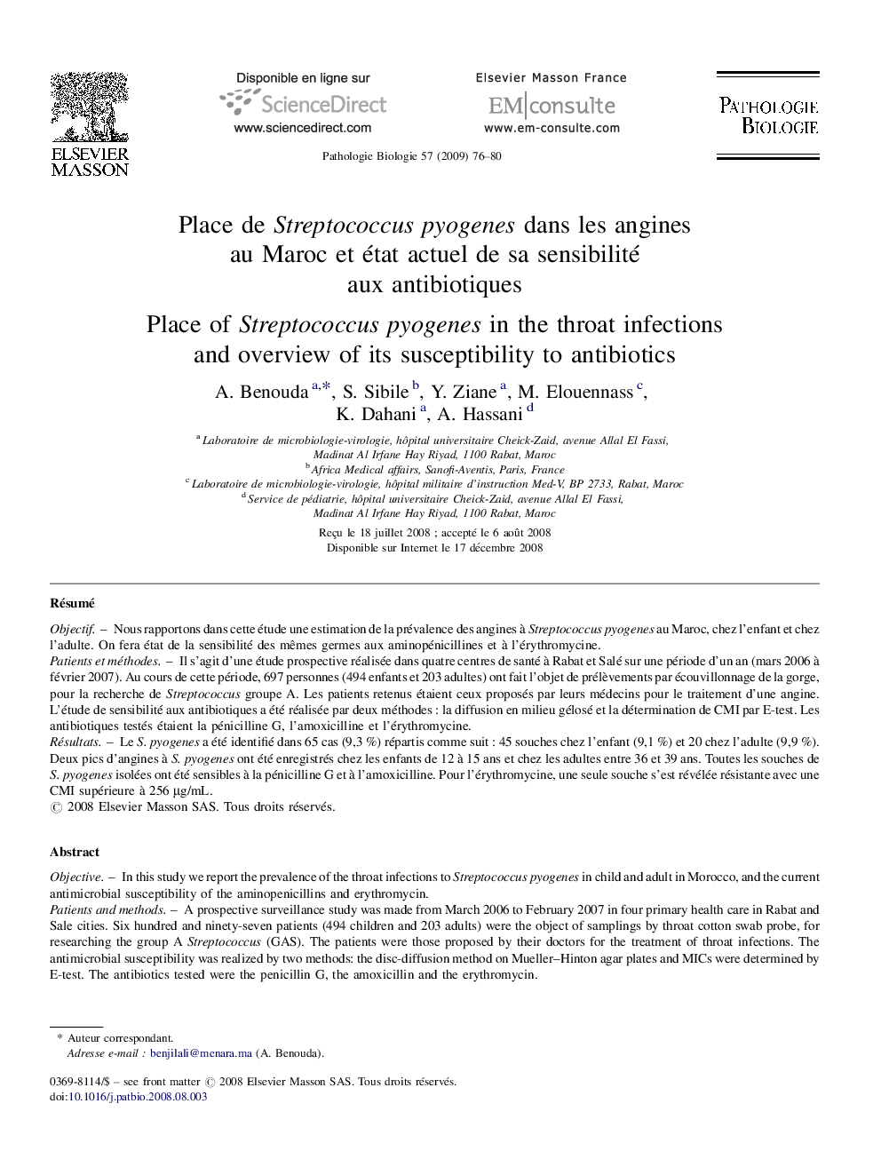 Place de Streptococcus pyogenes dans les angines au Maroc et état actuel de sa sensibilité aux antibiotiques