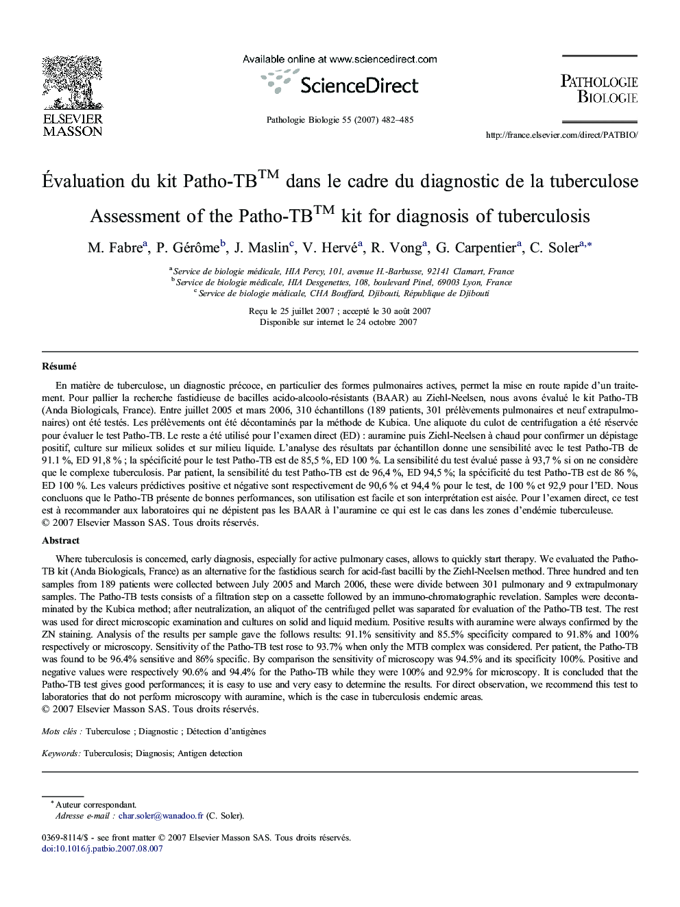 Évaluation du kit Patho-TBTM dans le cadre du diagnostic de la tuberculose