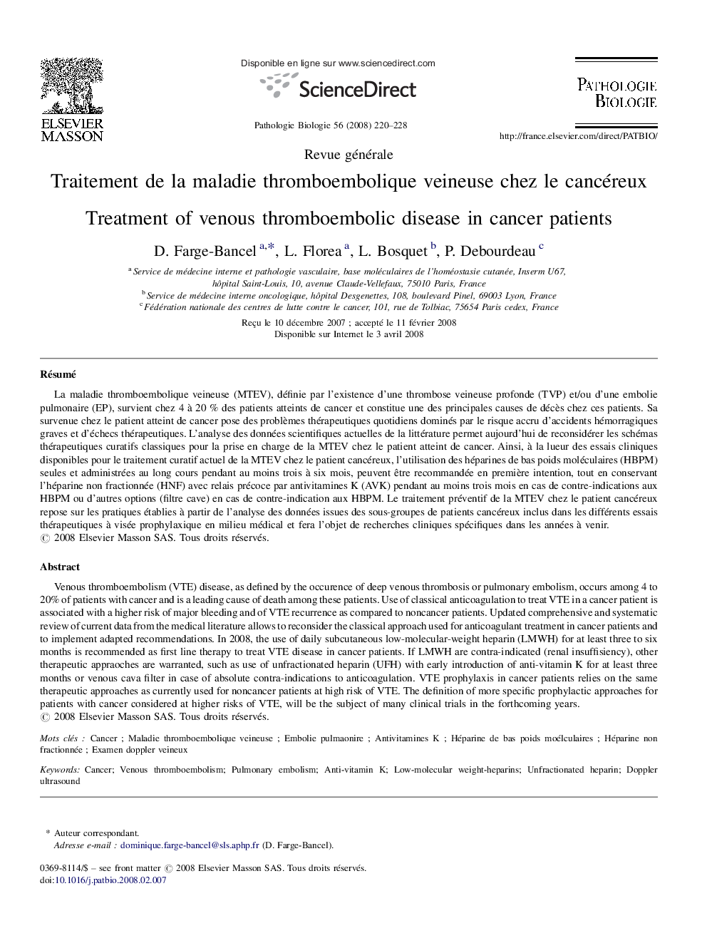 Traitement de la maladie thromboembolique veineuse chez le cancéreux