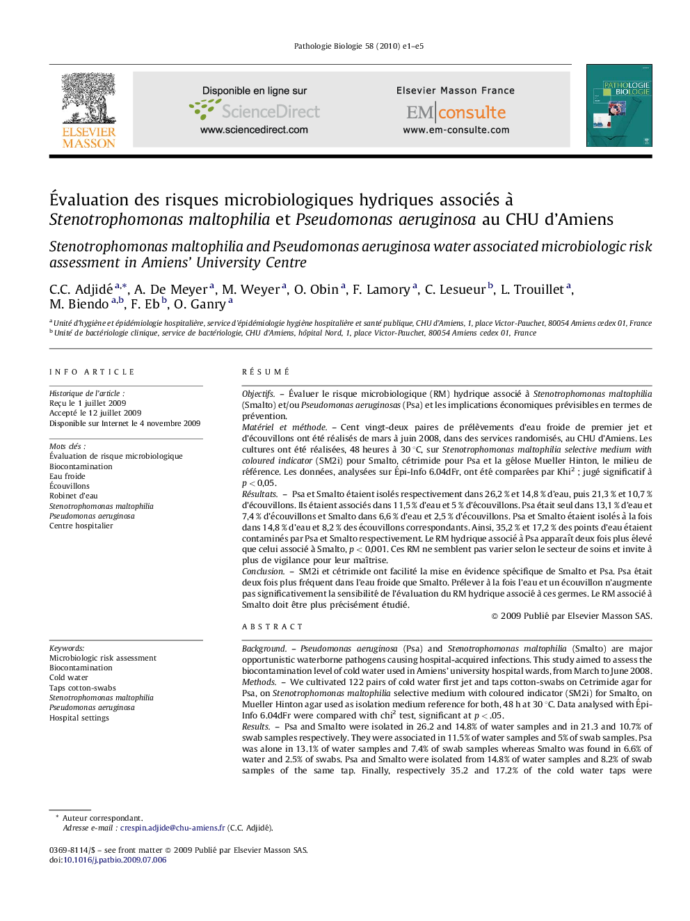 Évaluation des risques microbiologiques hydriques associés à Stenotrophomonas maltophilia et Pseudomonas aeruginosa au CHU d’Amiens