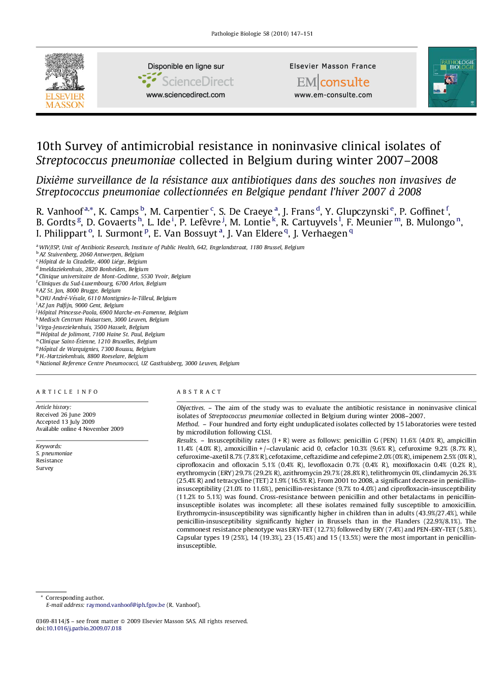 10th Survey of antimicrobial resistance in noninvasive clinical isolates of Streptococcus pneumoniae collected in Belgium during winter 2007–2008