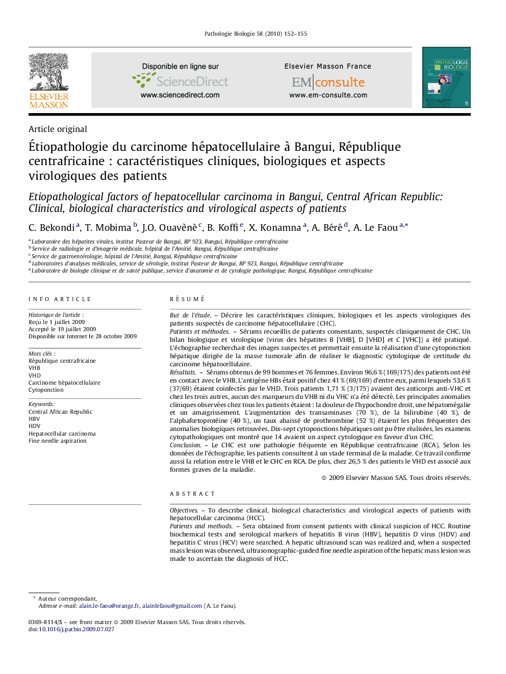 Étiopathologie du carcinome hépatocellulaire à Bangui, République centrafricaine : caractéristiques cliniques, biologiques et aspects virologiques des patients
