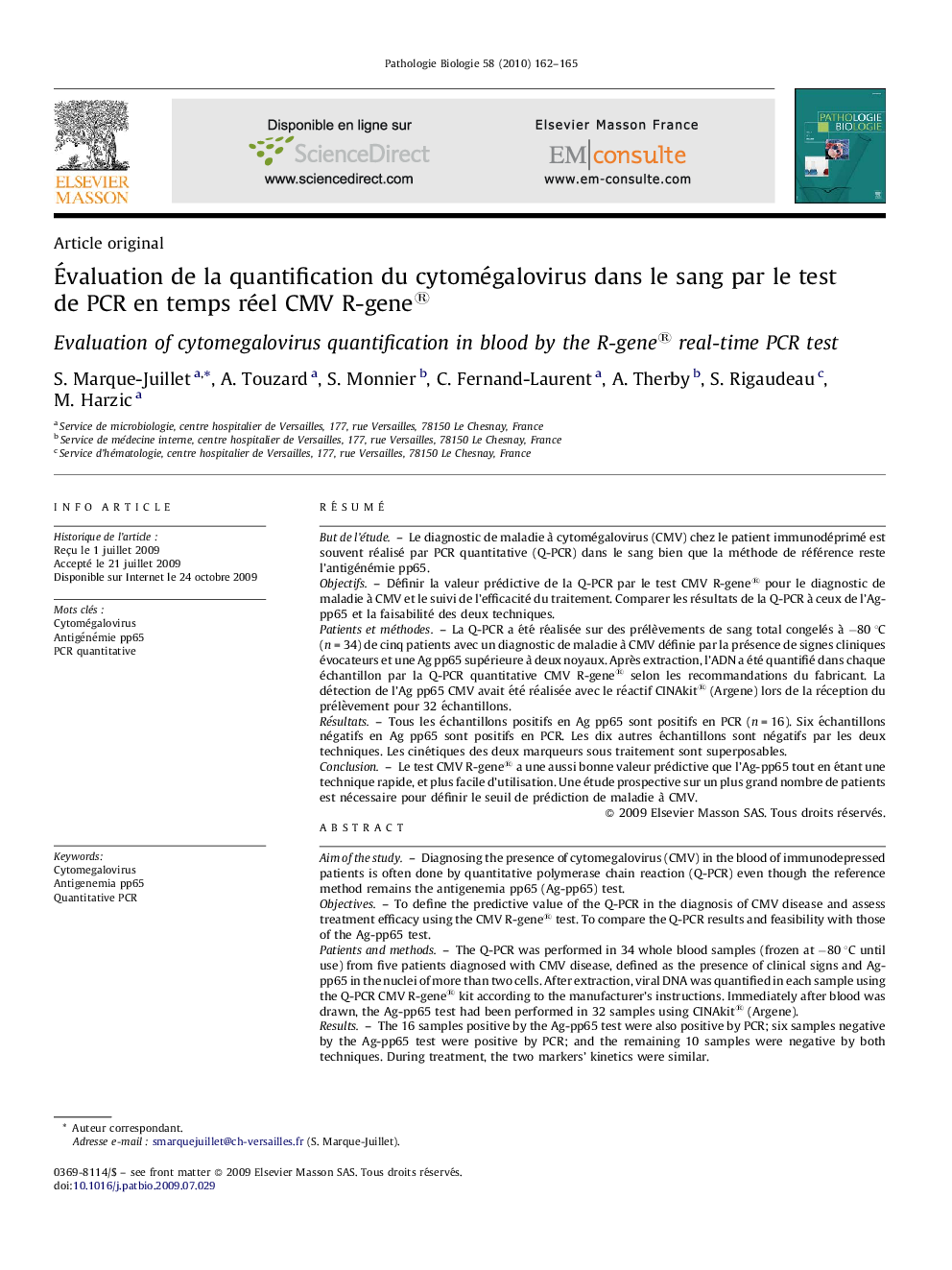 Évaluation de la quantification du cytomégalovirus dans le sang par le test de PCR en temps réel CMV R-gene®