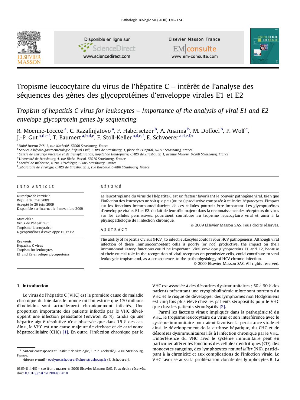 Tropisme leucocytaire du virus de l’hépatite C – intérêt de l’analyse des séquences des gènes des glycoprotéines d’enveloppe virales E1 et E2