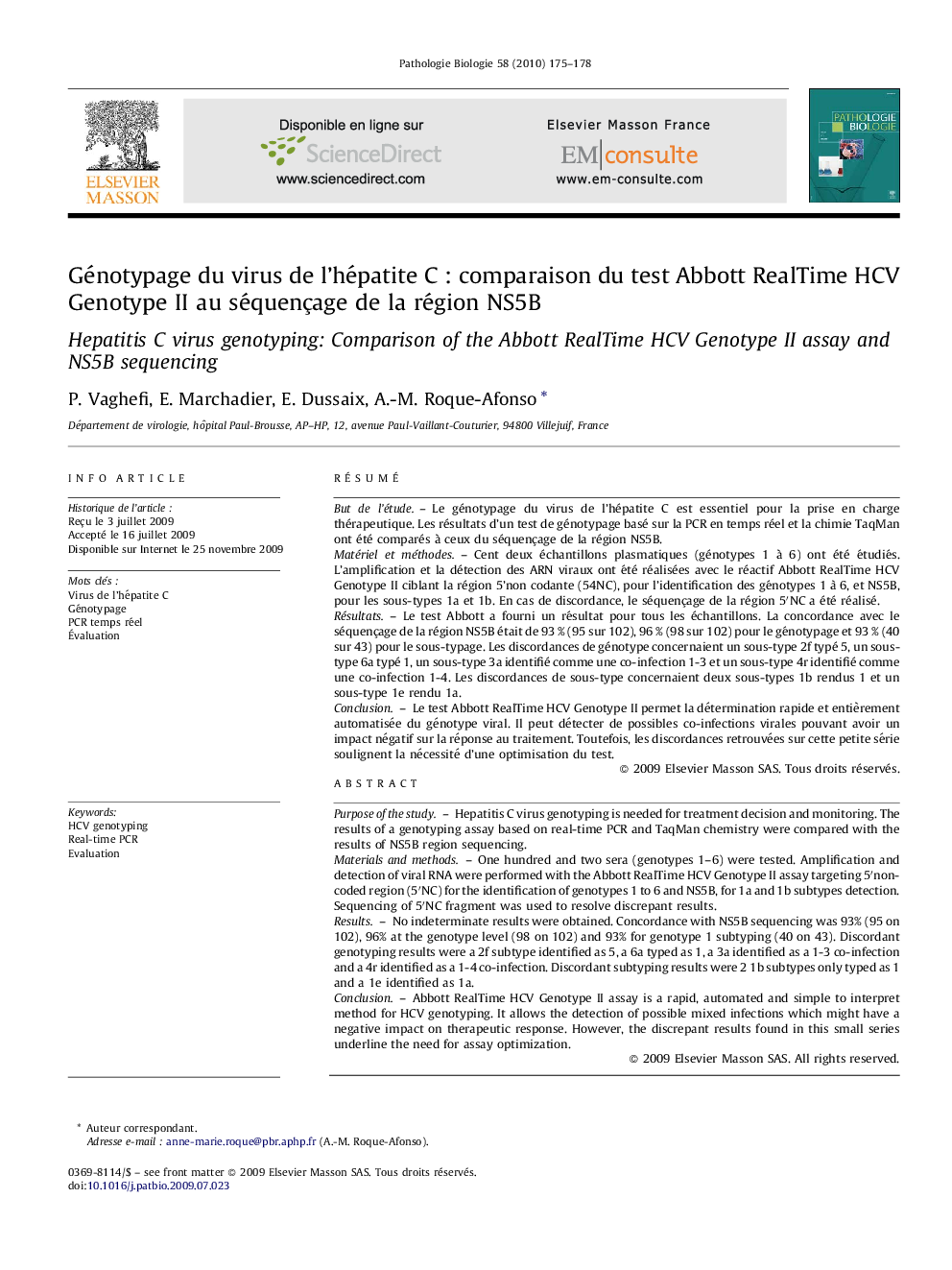 Génotypage du virus de l’hépatite C : comparaison du test Abbott RealTime HCV Genotype II au séquençage de la région NS5B