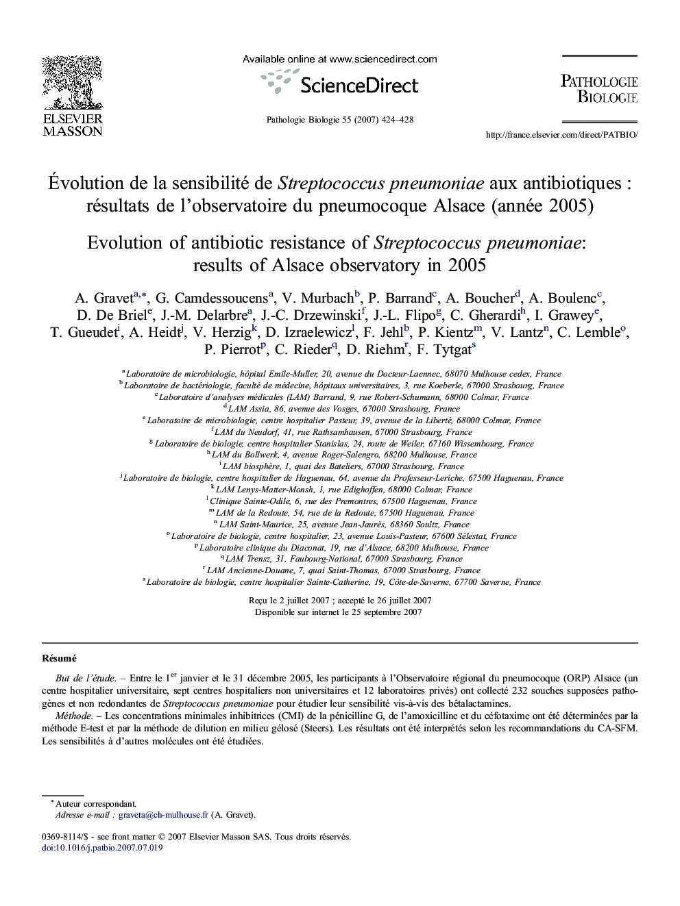 Évolution de la sensibilité de Streptococcus pneumoniae aux antibiotiques : résultats de l'observatoire du pneumocoque Alsace (année 2005)