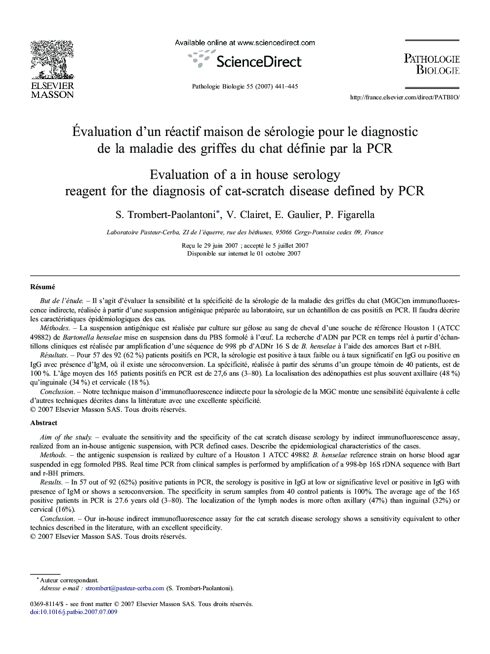عکس صفحه اول مقاله: Évaluation d'un réactif maison de sérologie pour le diagnostic de la maladie des griffes du chat définie par la PCR Évaluation d'un réactif maison de sérologie pour le diagnostic de la maladie des griffes du chat définie par la PCR