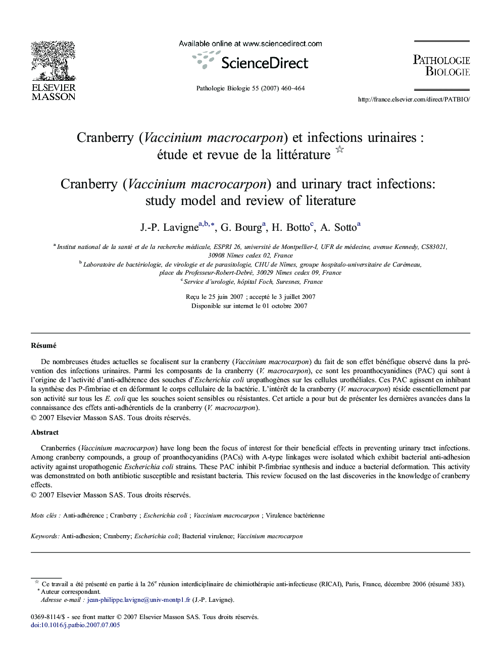 Cranberry (Vaccinium macrocarpon) et infections urinaires : étude et revue de la littérature 