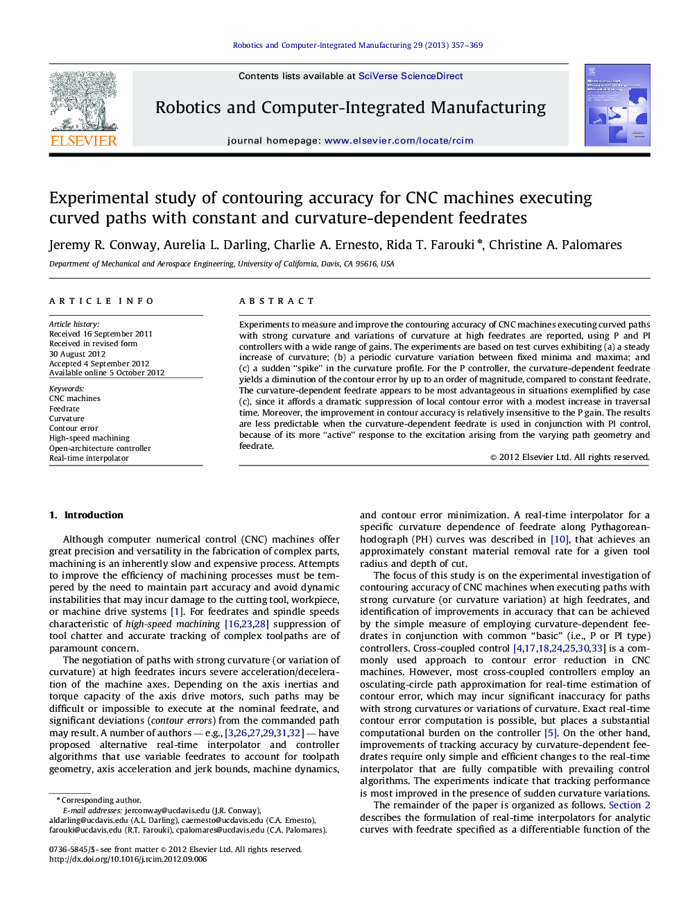 Experimental study of contouring accuracy for CNC machines executing curved paths with constant and curvature-dependent feedrates