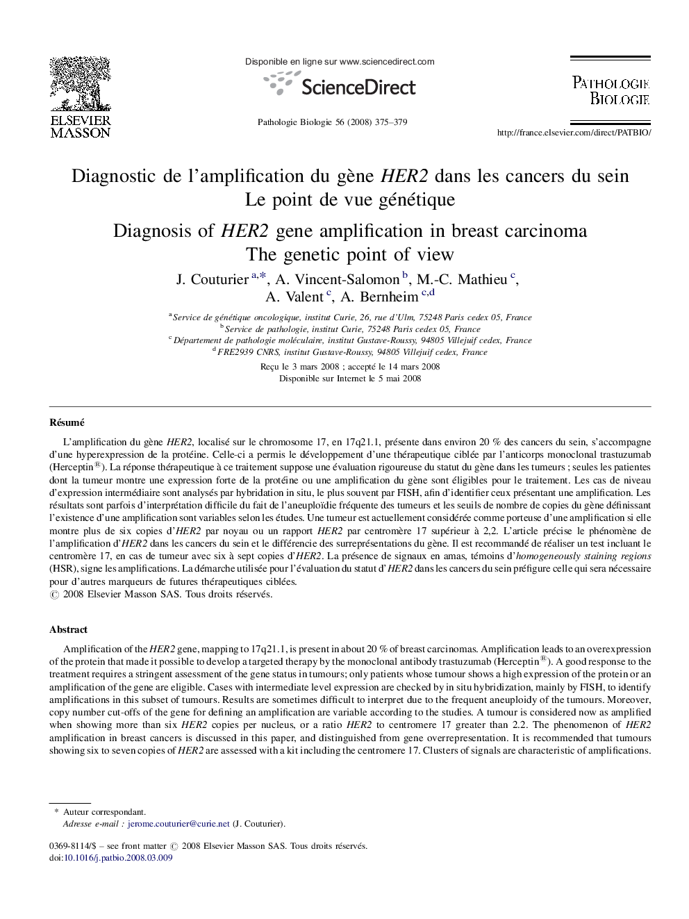 Diagnostic de l’amplification du gène HER2 dans les cancers du sein: Le point de vue génétique