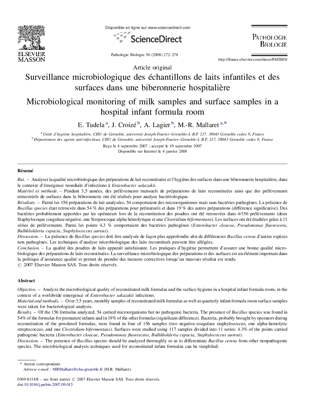 Surveillance microbiologique des échantillons de laits infantiles et des surfaces dans une biberonnerie hospitalière