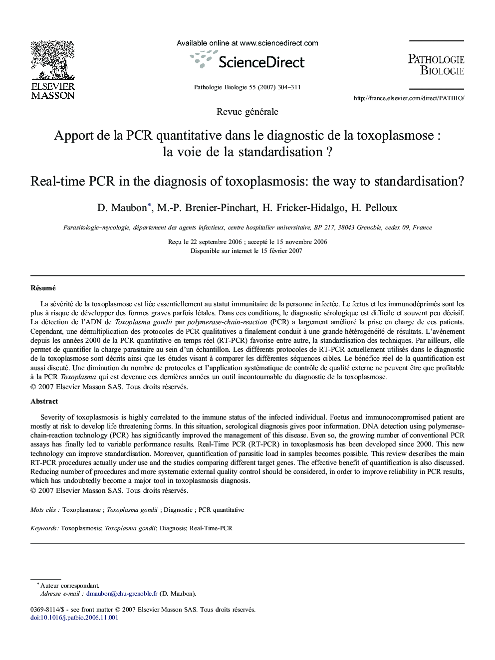 Apport de la PCR quantitative dans le diagnostic de la toxoplasmose : la voie de la standardisation ?