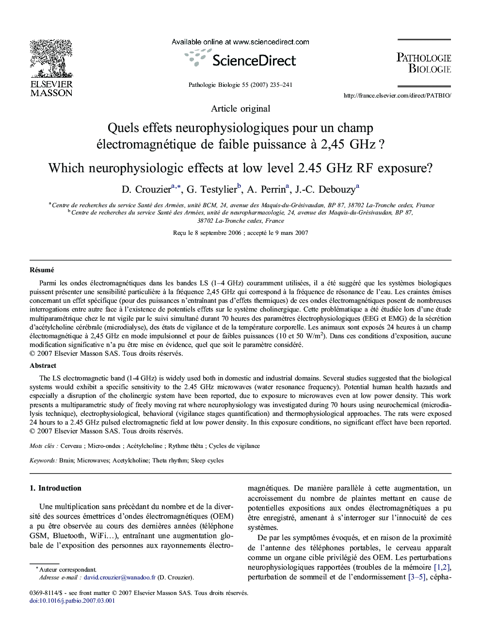 Quels effets neurophysiologiques pour un champ électromagnétique de faible puissance à 2,45 GHz ?