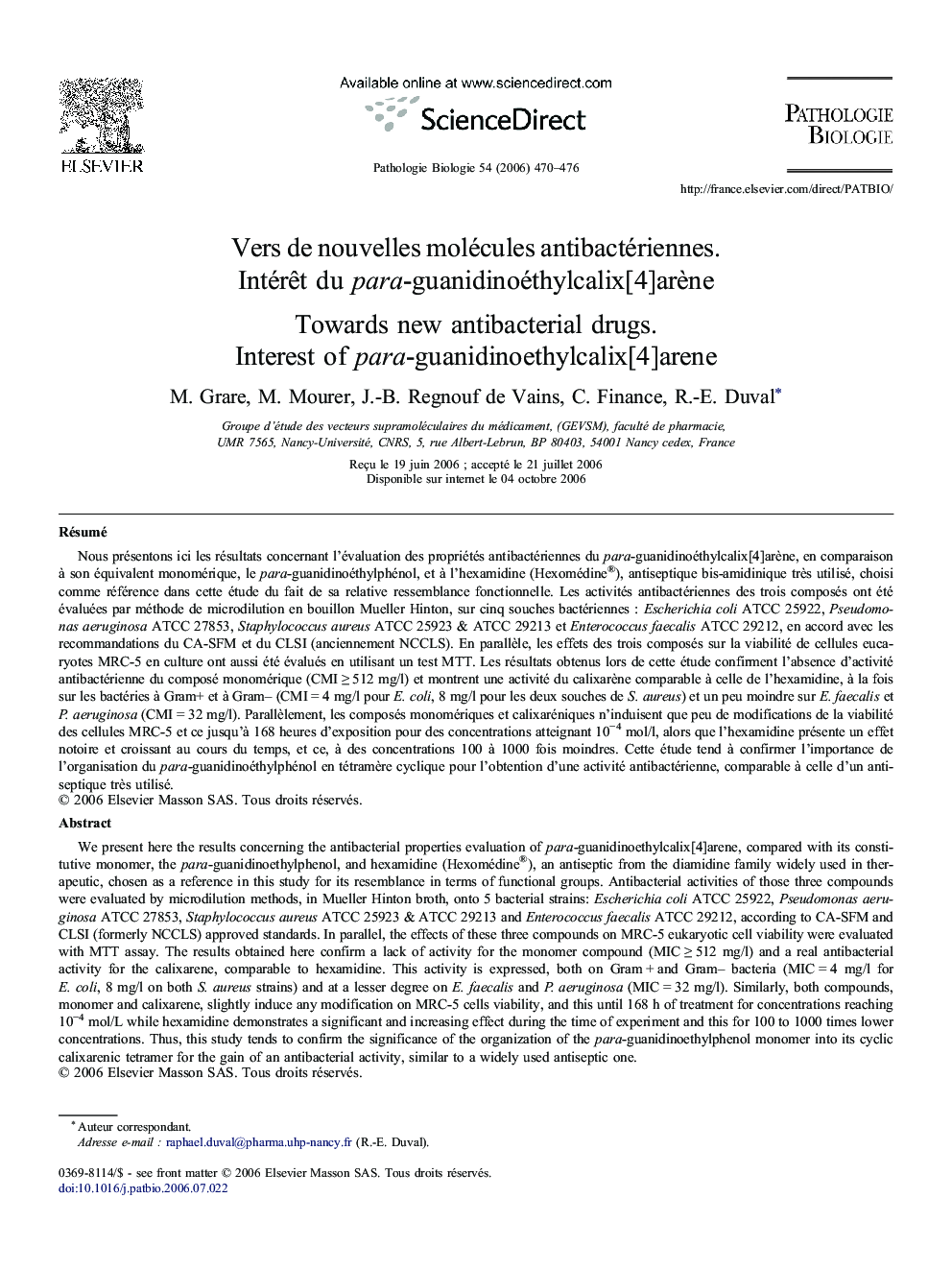 Vers de nouvelles molécules antibactériennes. Intérêt du para-guanidinoéthylcalix[4]arène