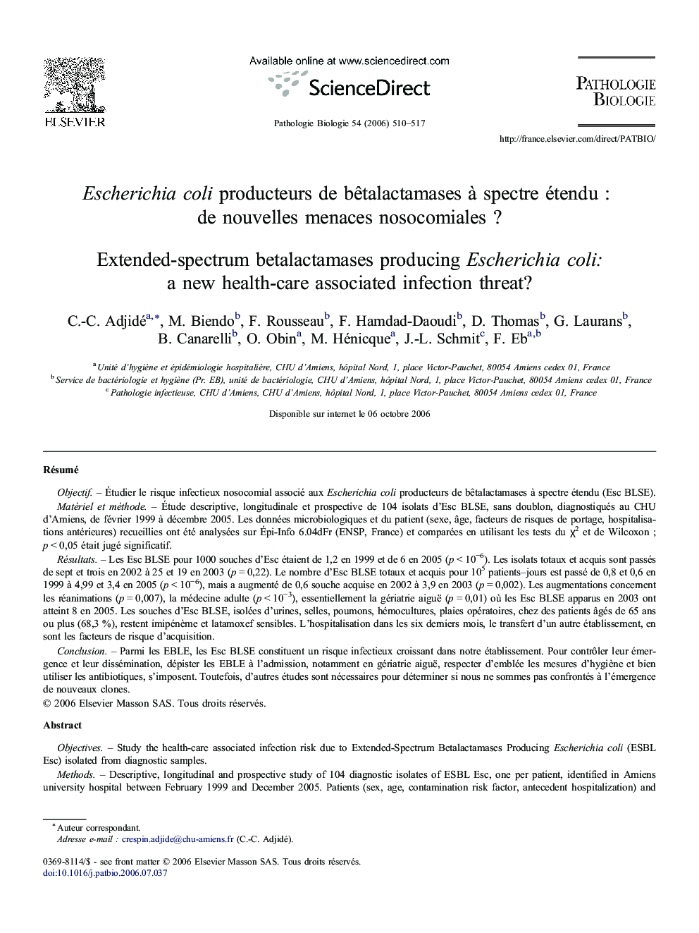 Escherichia coli producteurs de bêtalactamases à spectre étendu : de nouvelles menaces nosocomiales ?