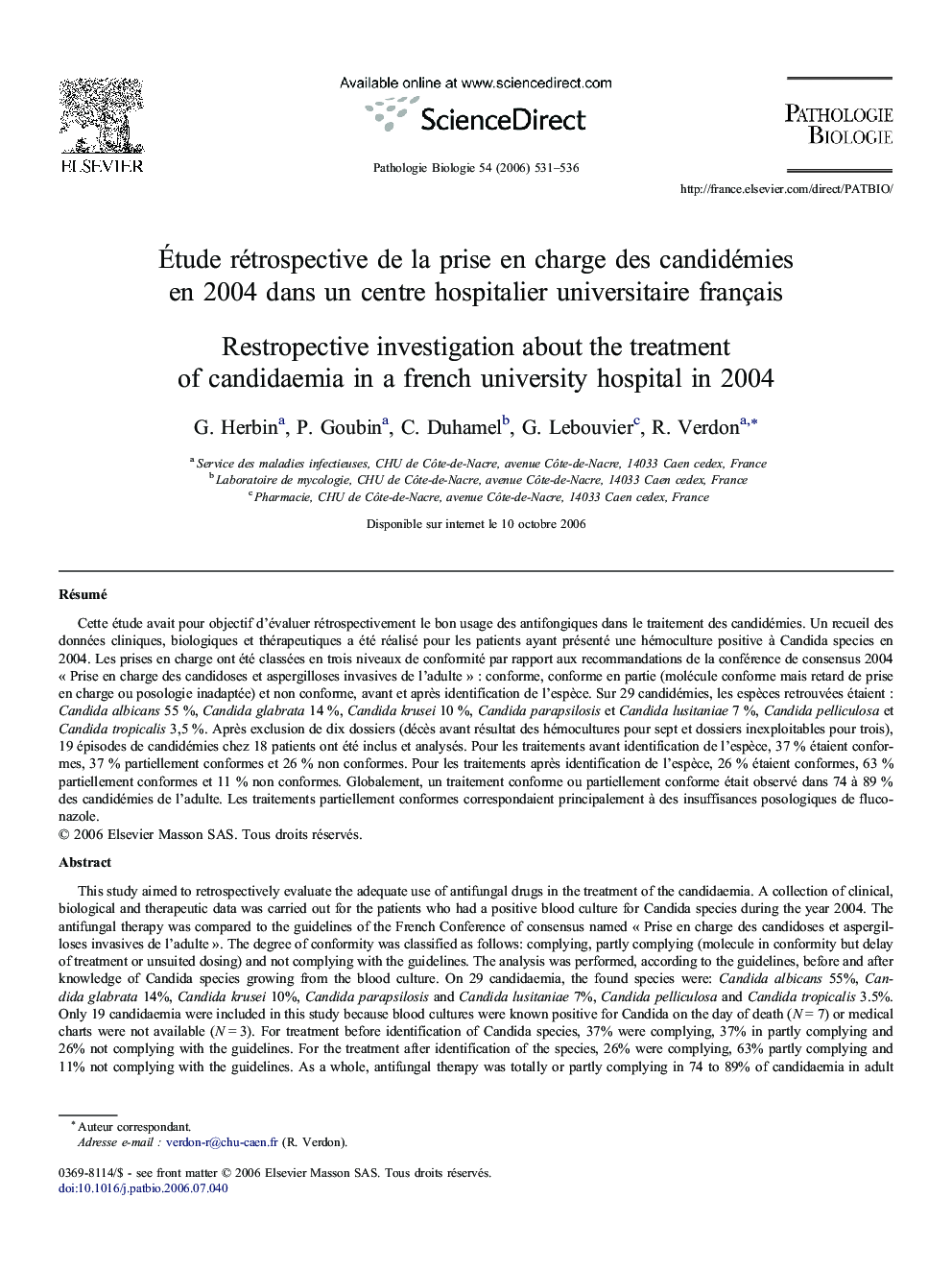 Étude rétrospective de la prise en charge des candidémies en 2004 dans un centre hospitalier universitaire français