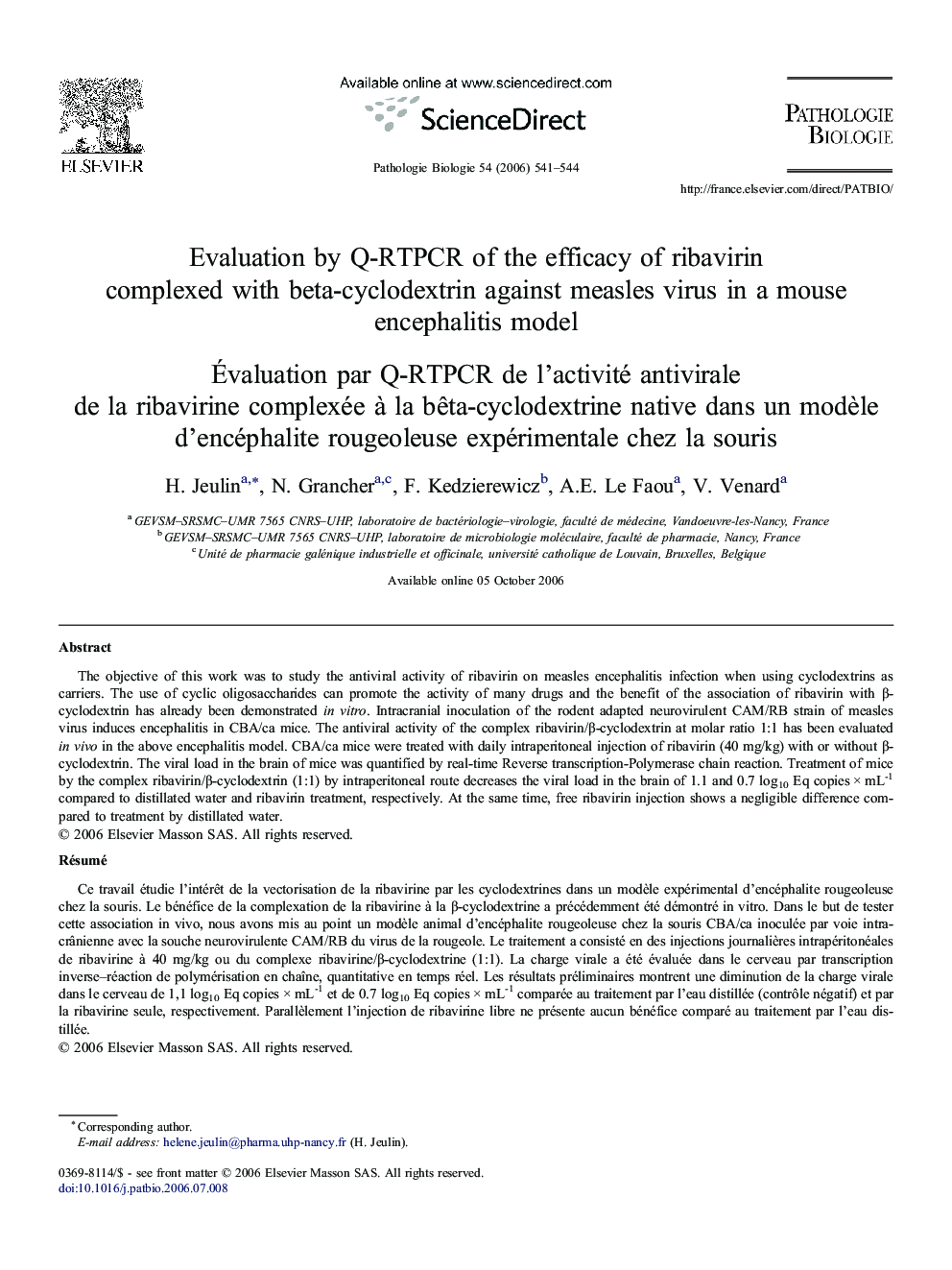 Evaluation by Q-RTPCR of the efficacy of ribavirin complexed with beta-cyclodextrin against measles virus in a mouse encephalitis model