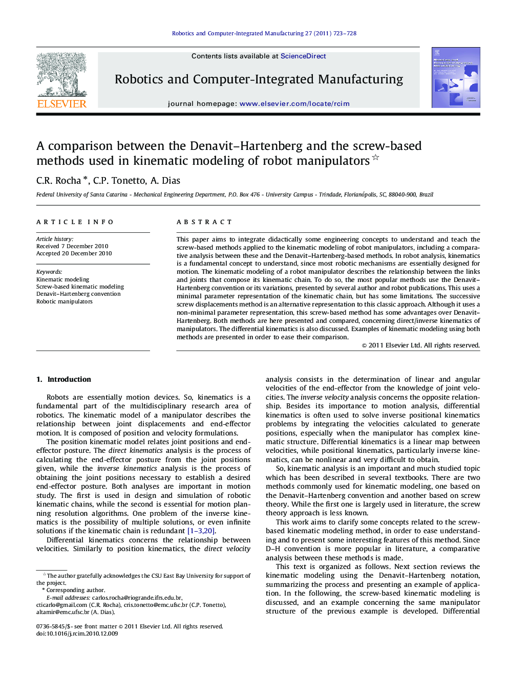 A comparison between the Denavit–Hartenberg and the screw-based methods used in kinematic modeling of robot manipulators 