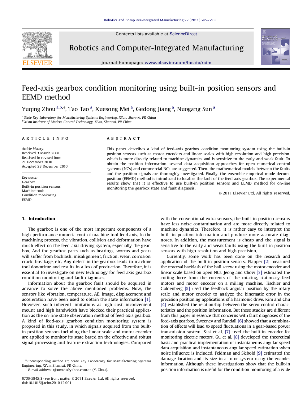 Feed-axis gearbox condition monitoring using built-in position sensors and EEMD method