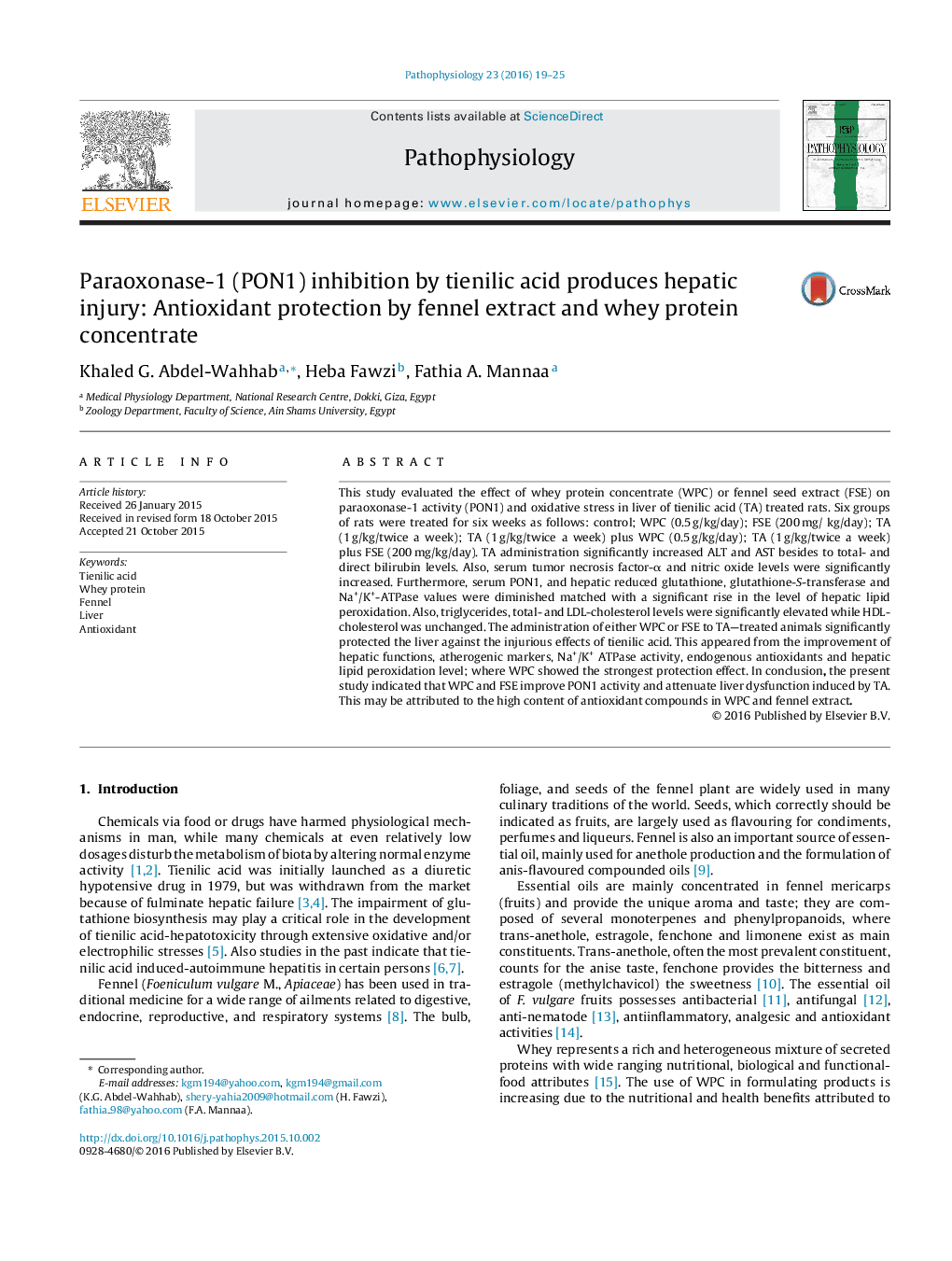 Paraoxonase-1 (PON1) inhibition by tienilic acid produces hepatic injury: Antioxidant protection by fennel extract and whey protein concentrate