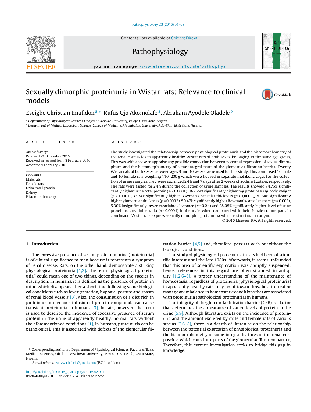 Sexually dimorphic proteinuria in Wistar rats: Relevance to clinical models