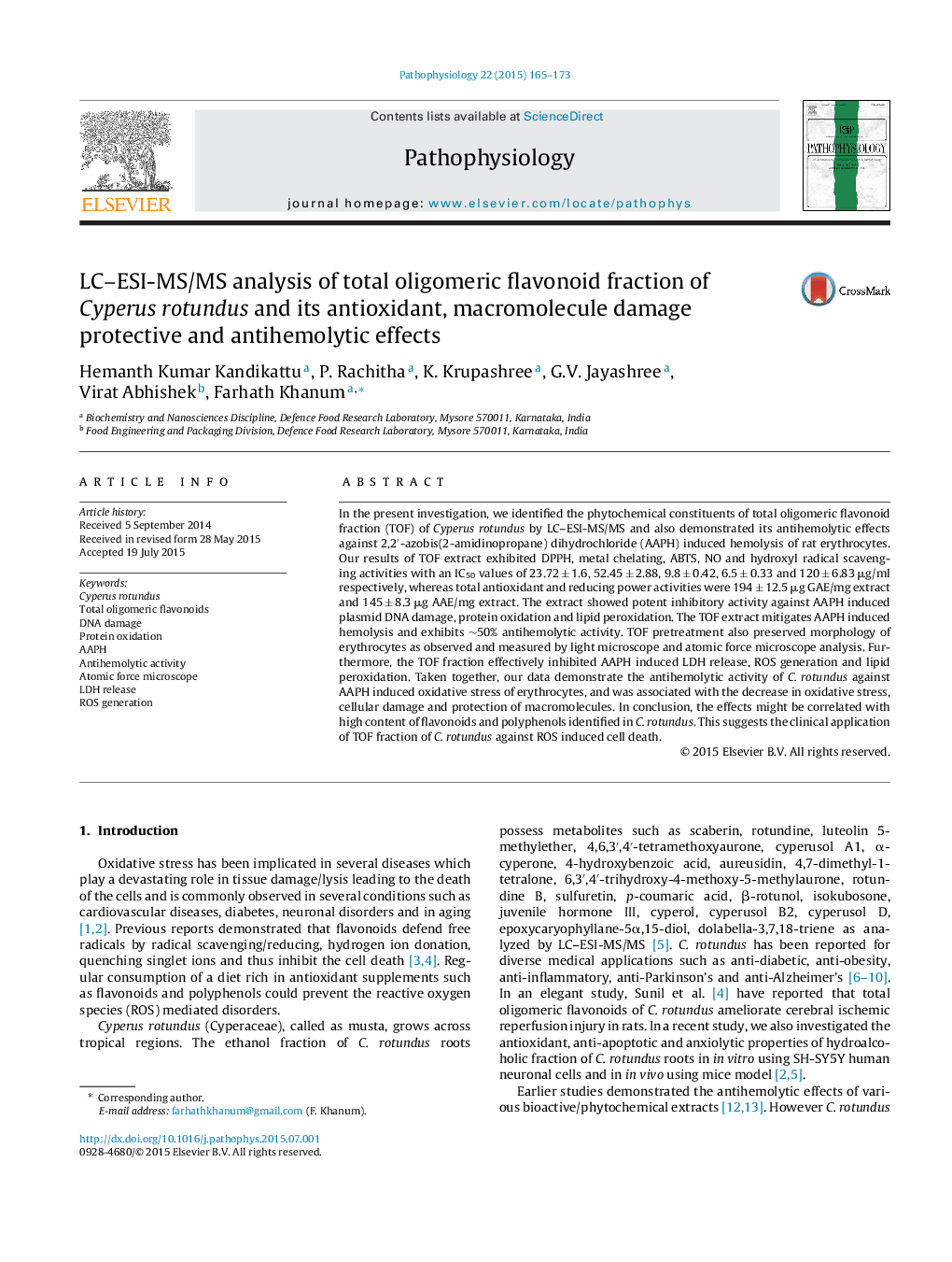 LC–ESI-MS/MS analysis of total oligomeric flavonoid fraction of Cyperus rotundus and its antioxidant, macromolecule damage protective and antihemolytic effects