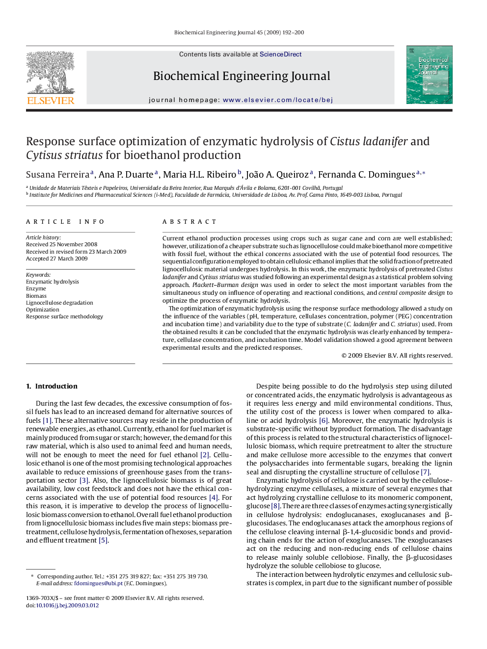 Response surface optimization of enzymatic hydrolysis of Cistus ladanifer and Cytisus striatus for bioethanol production