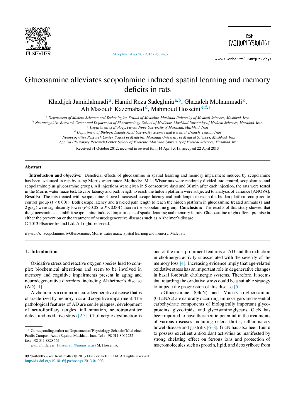 Glucosamine alleviates scopolamine induced spatial learning and memory deficits in rats