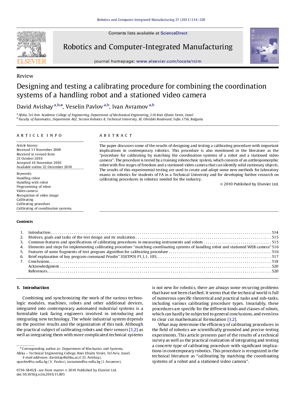 Designing and testing a calibrating procedure for combining the coordination systems of a handling robot and a stationed video camera