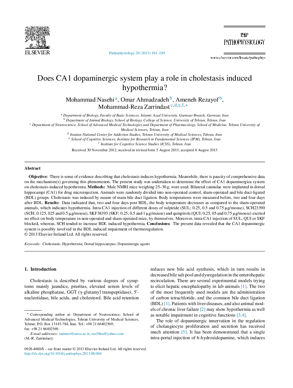 Does CA1 dopaminergic system play a role in cholestasis induced hypothermia?