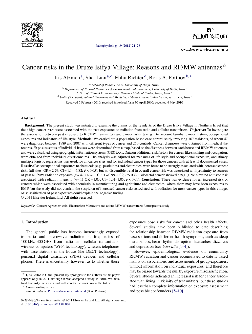 Cancer risks in the Druze Isifya Village: Reasons and RF/MW antennas 