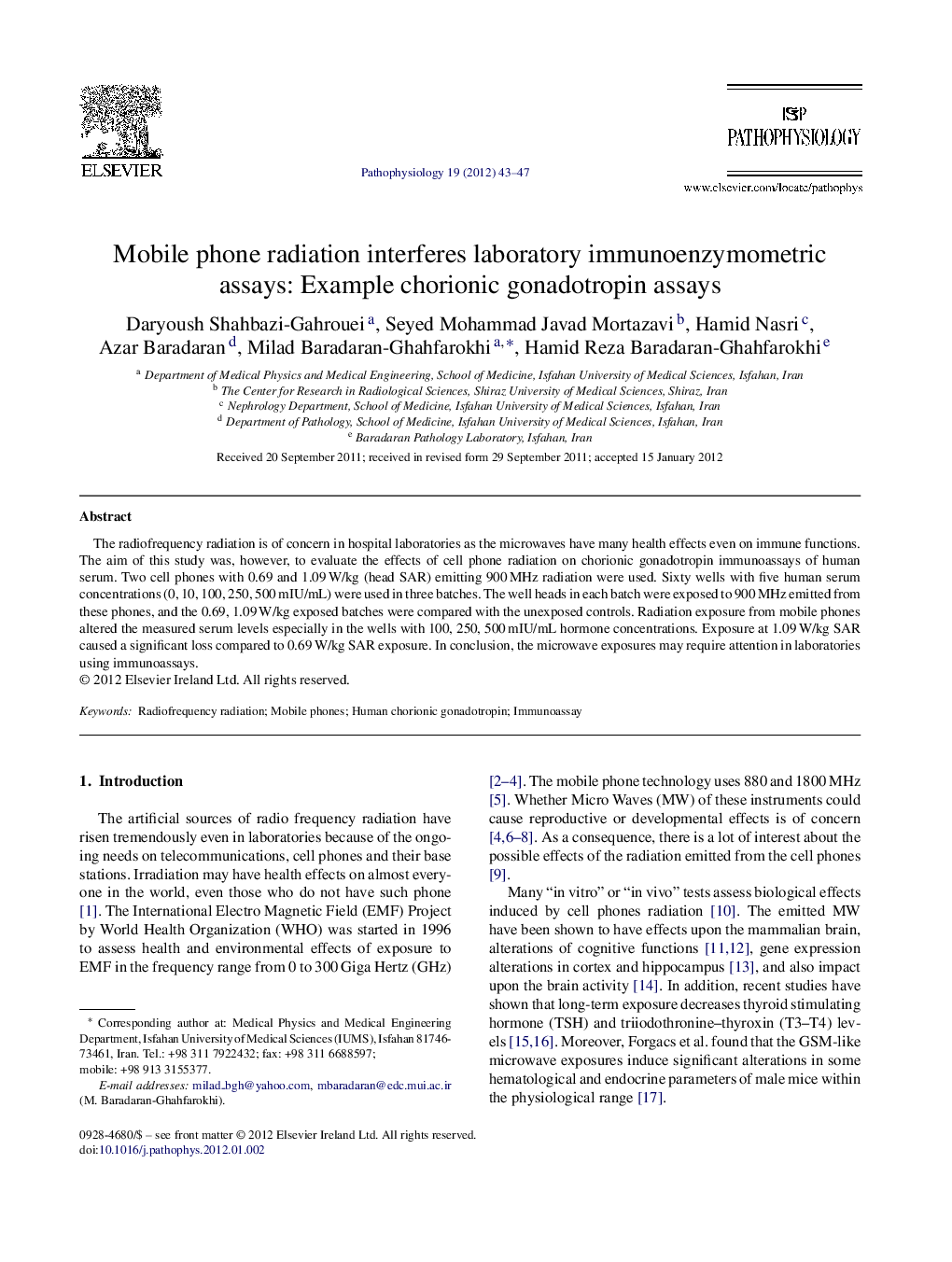 Mobile phone radiation interferes laboratory immunoenzymometric assays: Example chorionic gonadotropin assays