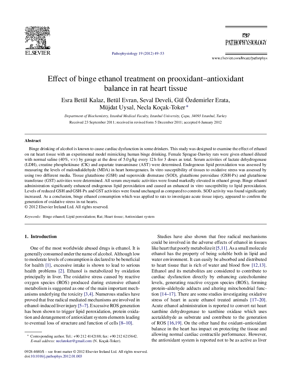 Effect of binge ethanol treatment on prooxidant–antioxidant balance in rat heart tissue