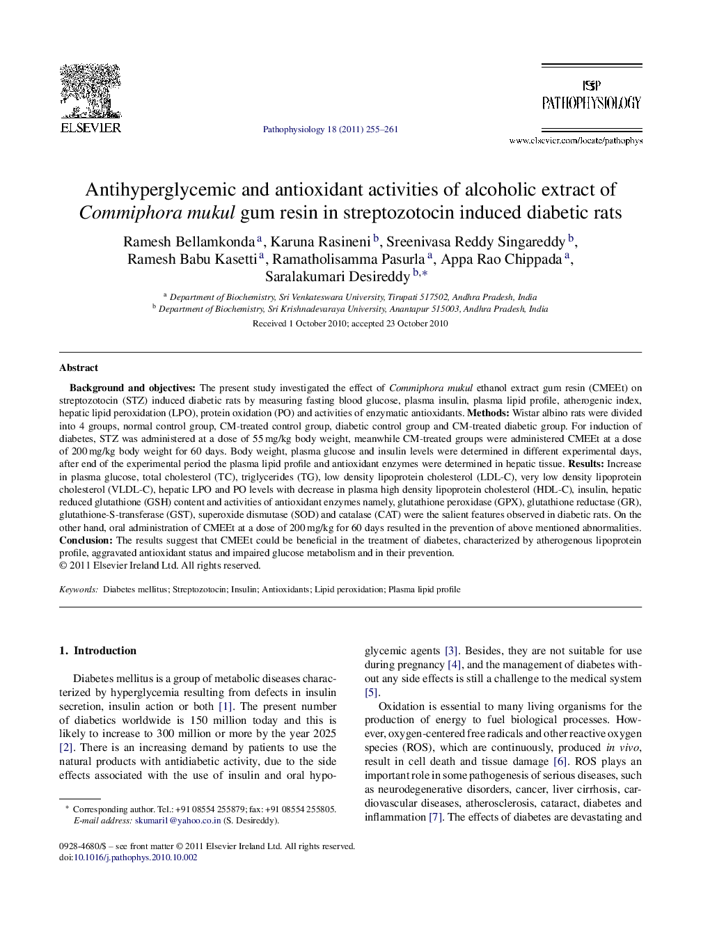 Antihyperglycemic and antioxidant activities of alcoholic extract of Commiphora mukul gum resin in streptozotocin induced diabetic rats