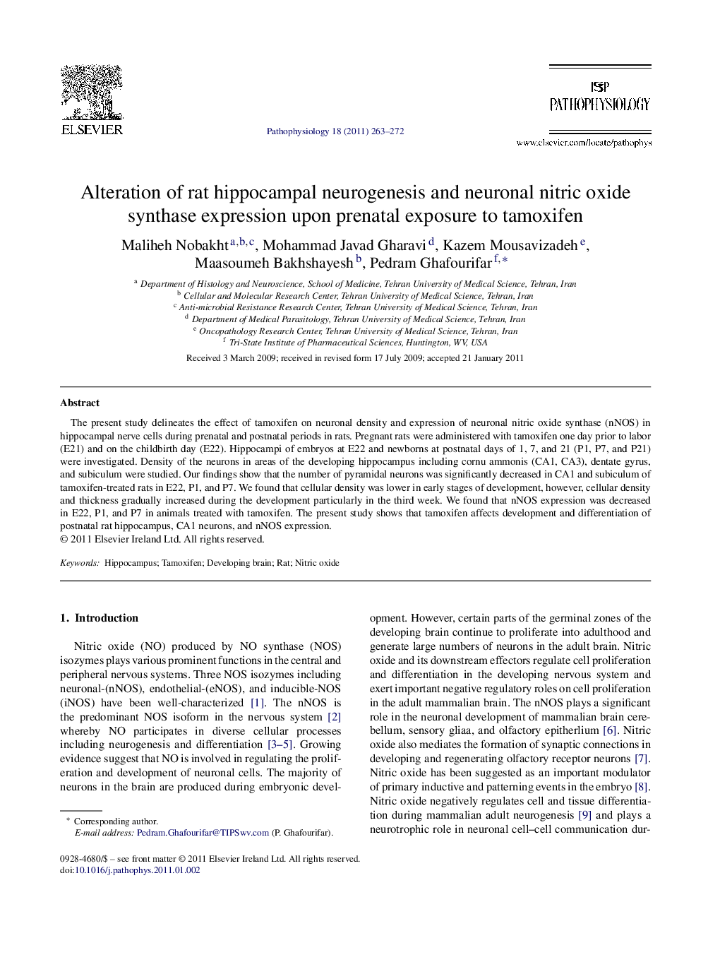 Alteration of rat hippocampal neurogenesis and neuronal nitric oxide synthase expression upon prenatal exposure to tamoxifen