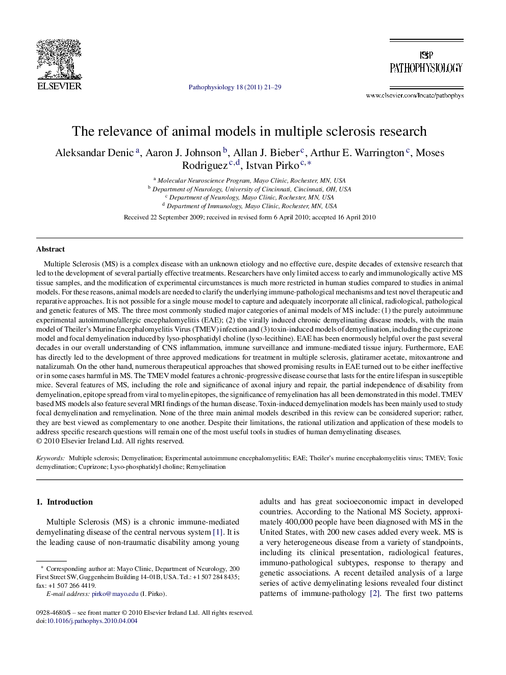 The relevance of animal models in multiple sclerosis research