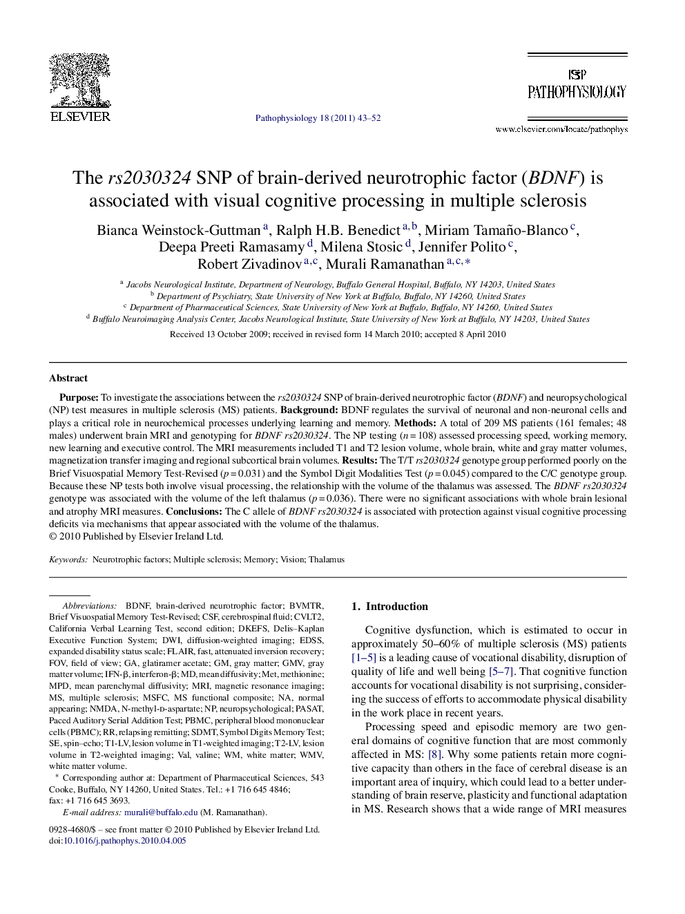 The rs2030324 SNP of brain-derived neurotrophic factor (BDNF) is associated with visual cognitive processing in multiple sclerosis