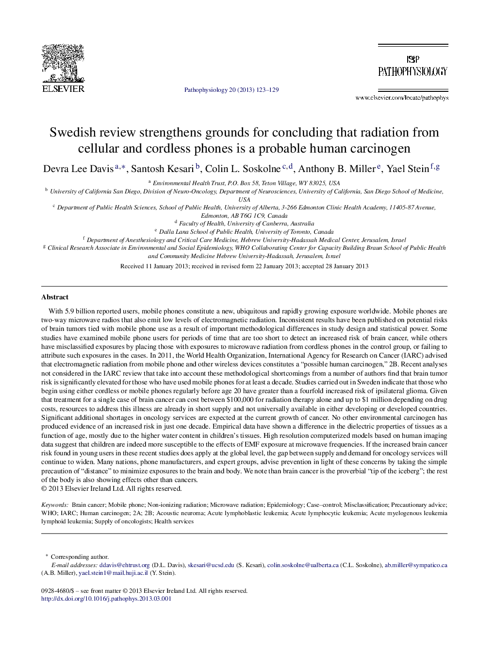 Swedish review strengthens grounds for concluding that radiation from cellular and cordless phones is a probable human carcinogen